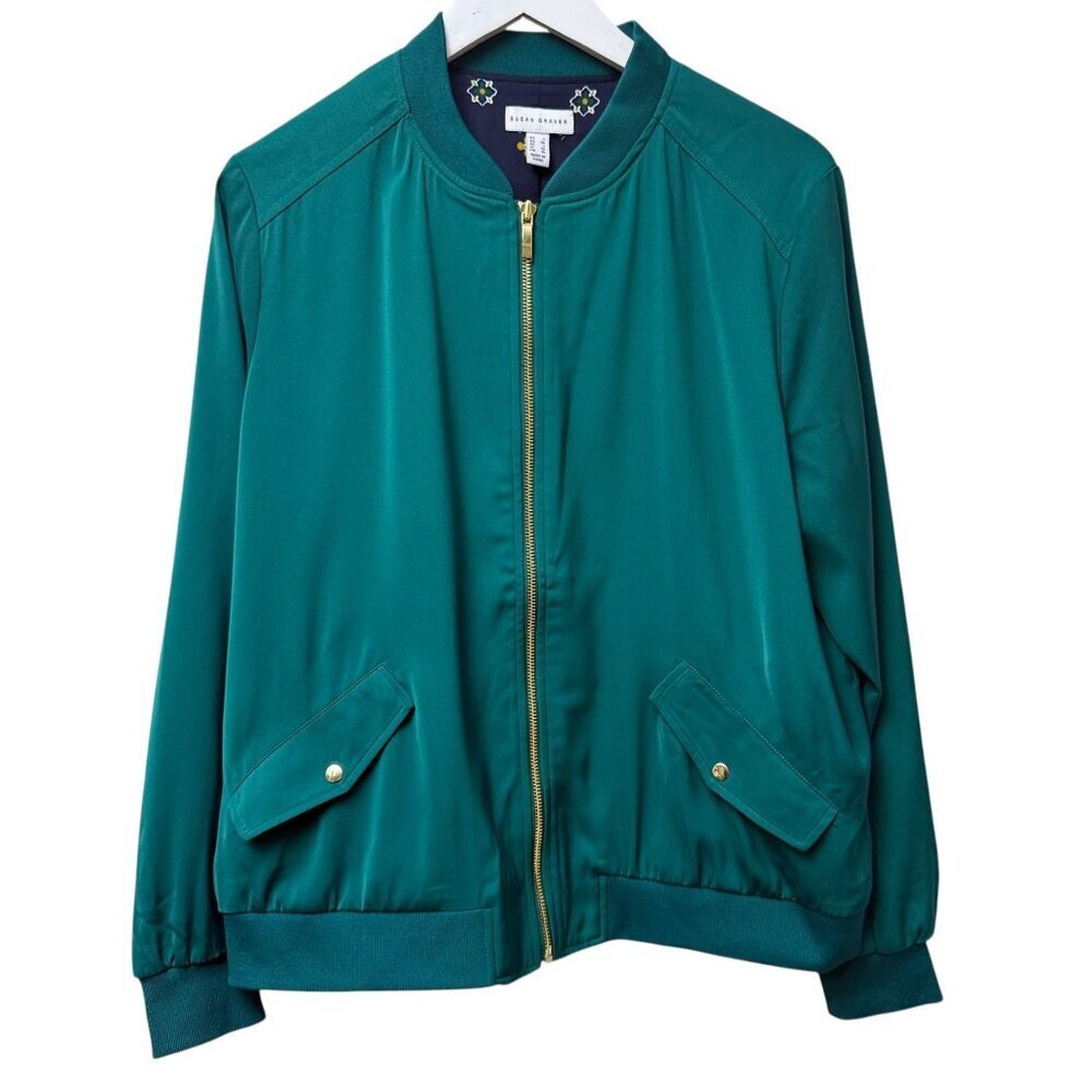 Susan Graver Green Jacket Womens Large Full Zip Casual Light Bomber